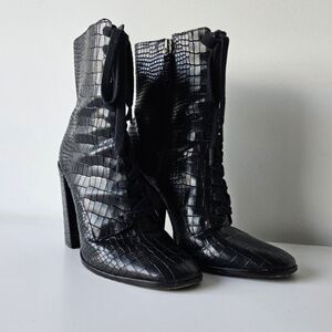 SCHUTZ Black Leysi Croc Embossed Leather Square Lace Up Heeled Booties